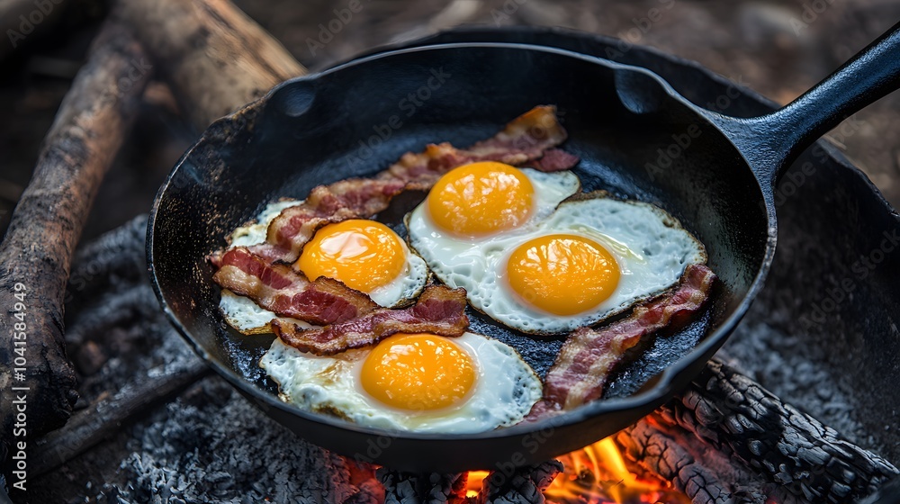 Camping Breakfast Fried Eggs and Bacon in Cast Iron Skillet over Fire Camping Breakfast Fried Eggs and Bacon in Cast Iron Skillet over Fire
