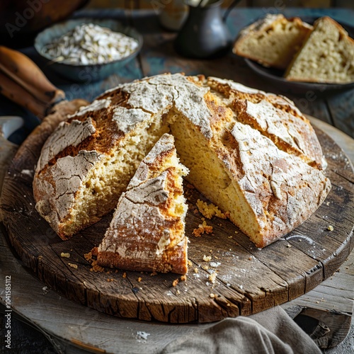 Traditional Irish Soda Bread Freshly Baked and Sliced, Ideal for a St. Patrick Day Feast photo