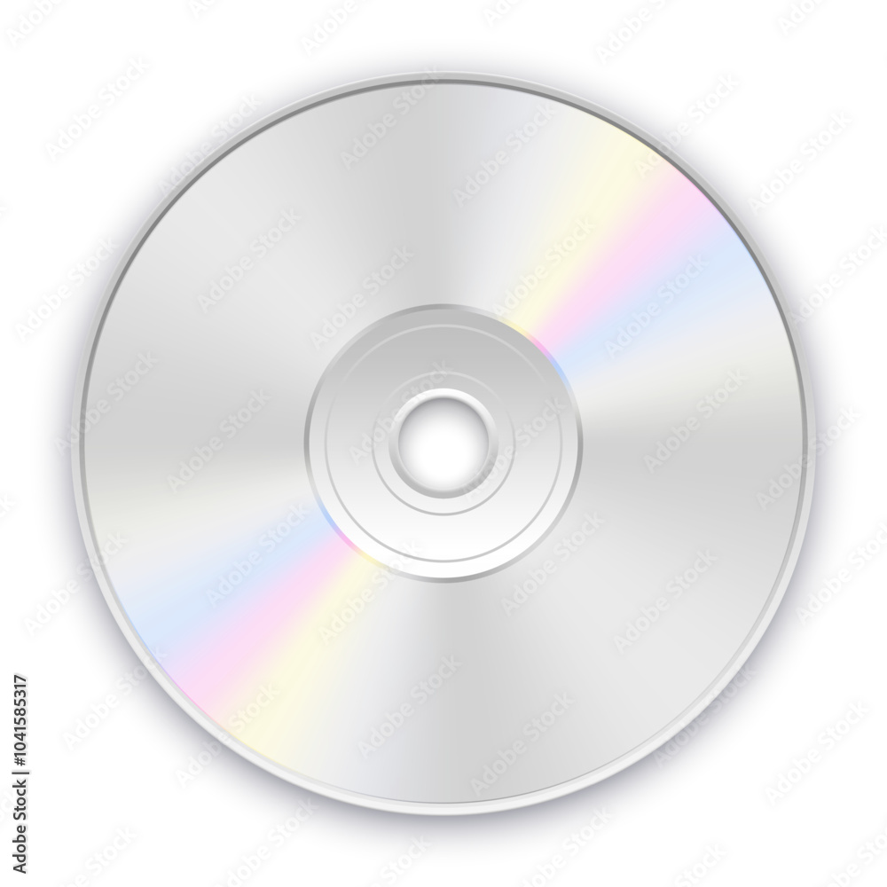 Vector illustration of transparent silver CD or DVD disc with rainbow reflection and soft shadow on white background. Realistic compact disc icon. Vector illustration of transparent silver CD or DVD disc with rainbow reflection and soft shadow on white background. Realistic compact disc icon.