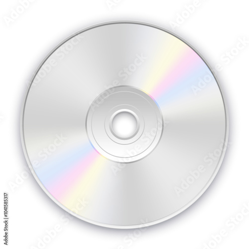 Vector illustration of transparent silver CD or DVD disc with rainbow reflection and soft shadow on white background. Realistic compact disc icon.