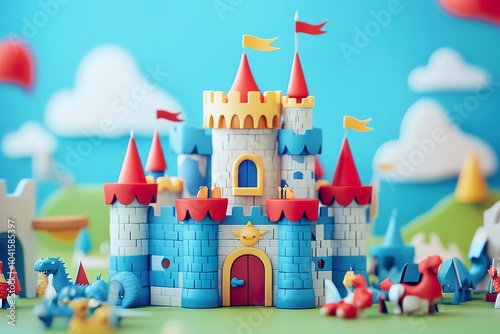 Cheerful Toy Castle with Flags, Tiny Knights, and Dragons in Cartoon Style