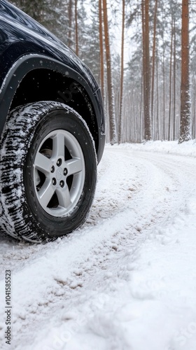 A blue car equipped with winter tires drives along a snowy road surrounded by a tranquil winter landscape, showcasing tire details