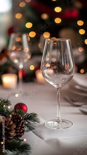 Festive Table Setting with Wine Glass Pine Branch and Christmas Lights