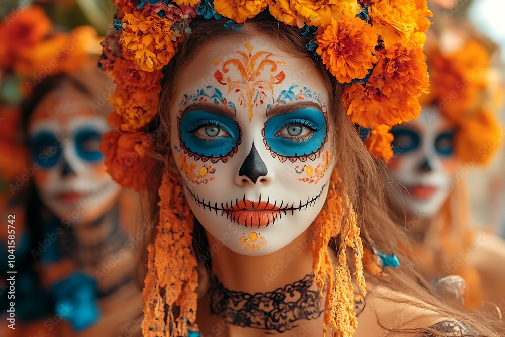 a person with face paint and flowers on her head
a person with face paint and flowers on her head