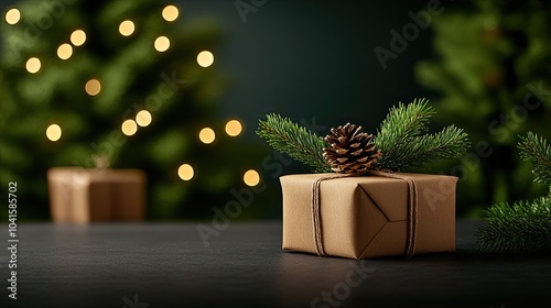 Christmas Background, Rustic gift box with pinecone on a table, Christmas trees in the background.