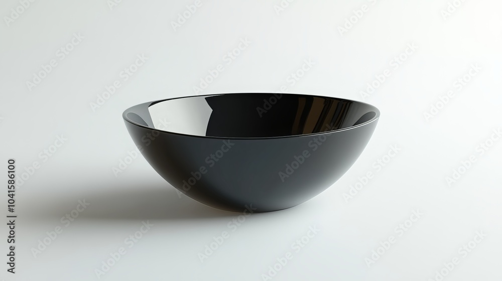 A sleek, black ceramic bowl rests on a pristine white backdrop, its smooth, glossy surface reflecting the ambient light. The bowl's simple, minimalist design exudes both elegance and functionality A sleek, black ceramic bowl rests on a pristine white backdrop, its smooth, glossy surface reflecting the ambient light. The bowl's simple, minimalist design exudes both elegance and functionality