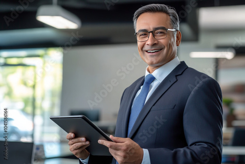 A confident businessman in a suit and glasses smiling while holding a tablet in a modern office.