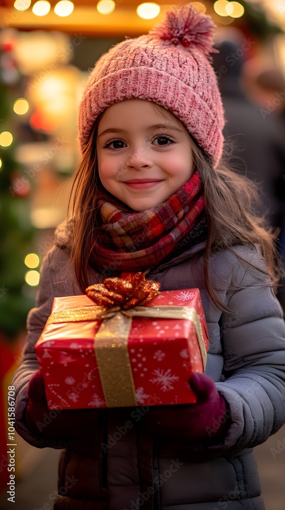 Happy Child Holding Christmas Gift at Winter Market