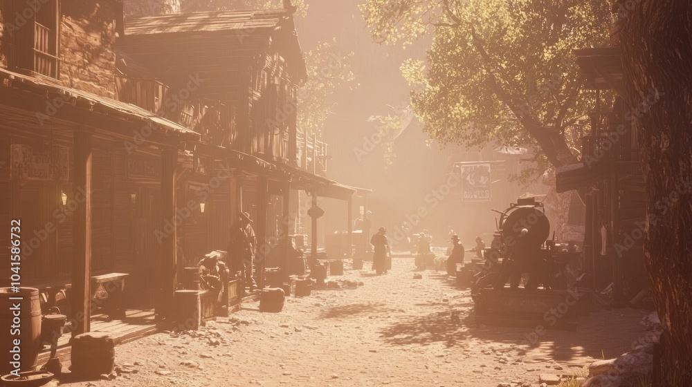 Fototapeta premium Vibrant Wild West Town Life: Blacksmith, Children Playing, Townsfolk Daily Activities with Spectacular Cinematic Lighting