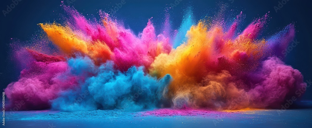 Colorful powder exploding creating abstract shapes on blue background Colorful powder exploding creating abstract shapes on blue background
