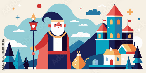 Fantasy wizard in enchanted castle landscape - whimsical art illustration