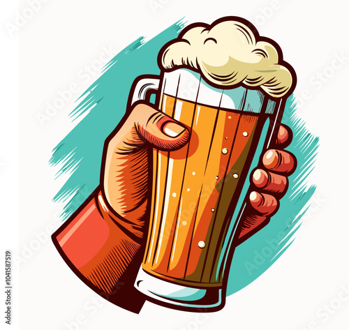 Vector illustration of a hand holding a frothy vintage beer mug with golden-yellow liquid, featuring a festival concept. Includes an Oktoberfest party invitation outline and a beer bottle icon.
