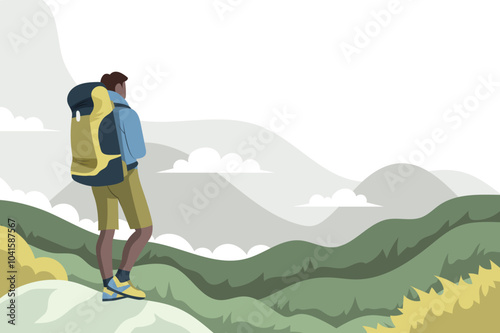 A man is hiking up a mountain with a backpack