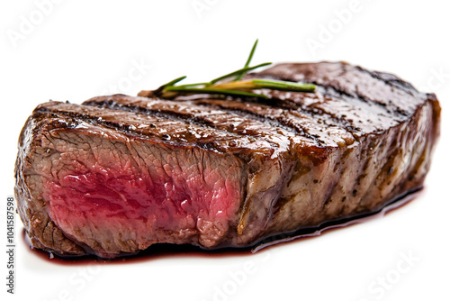 Close up shot of sliced venison steak with riffles isolated on white background