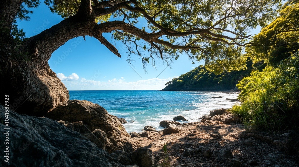 A picturesque view of a serene beach framed by a twisted tree, with clear blue water and rocky shores. A picturesque view of a serene beach framed by a twisted tree, with clear blue water and rocky shores.