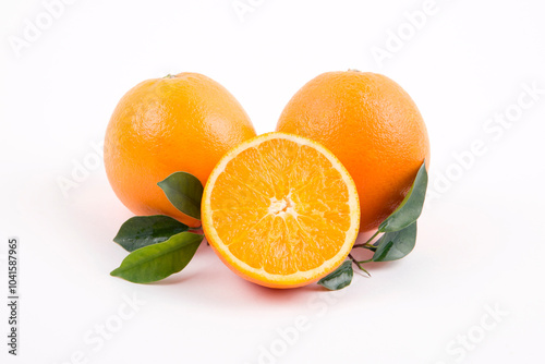 oranges with leaves on a white background