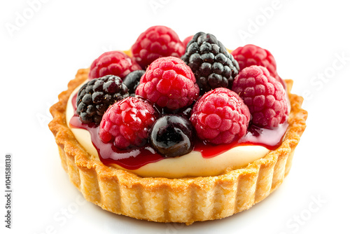 Fresh fruit tart topped with cream and fresh berries isolated on white background