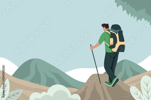 A man is hiking up a mountain with a backpack on his back