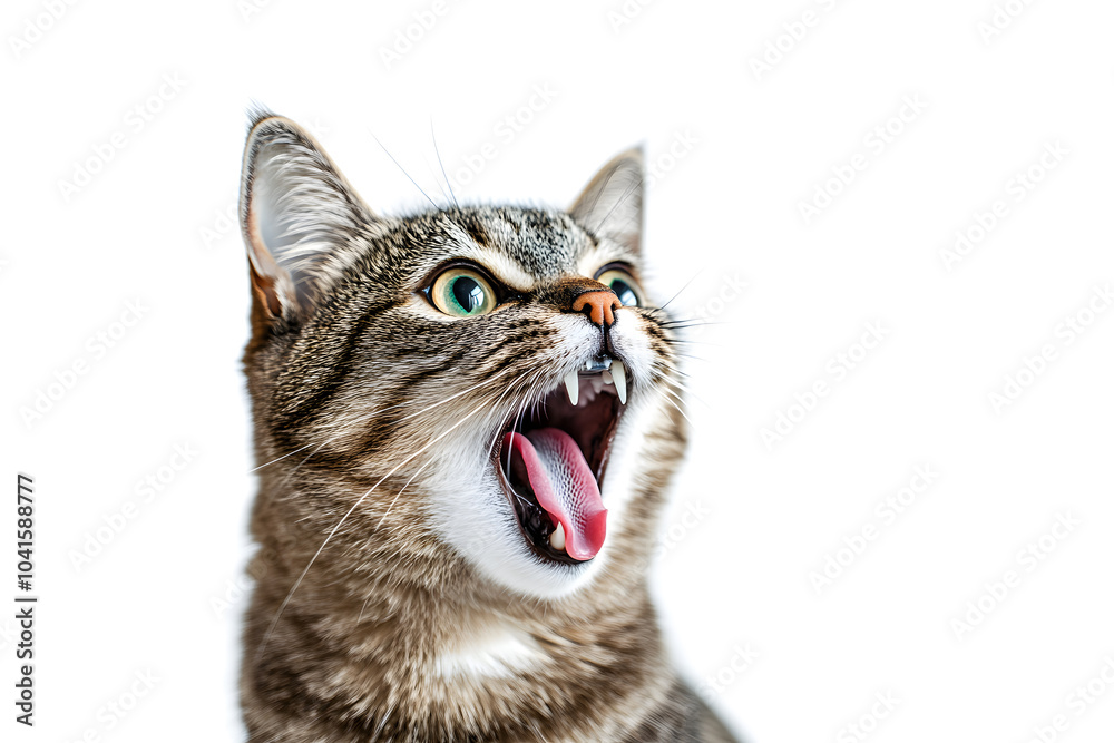 Cute portrait of shocked face cat with opened mouth isolated on white background Cute portrait of shocked face cat with opened mouth isolated on white background