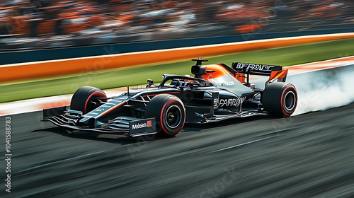 A Formula 1 race car speeds around a track, leaving a trail of smoke behind it. The car is in the lead and is about to overtake another car. The background is blurred and the focus is on the car.
