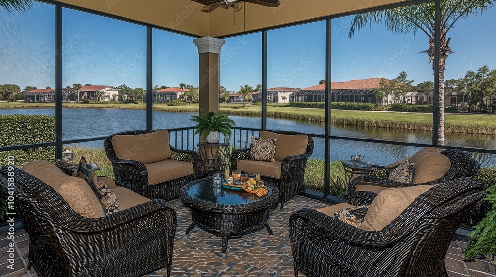 Fototapeta premium Florida mansion lanai boasting a sleek modern design, expansive screened-in pool, and stunning waterfront views, perfect for luxurious outdoor living.