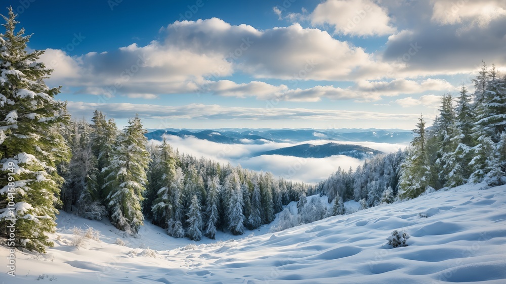 Winter scene with snowy hills, pine trees, and fluffy clouds against a bright blue sky. Winter scene with snowy hills, pine trees, and fluffy clouds against a bright blue sky.