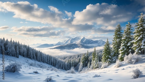 Winter scene with snowy hills, pine trees, and fluffy clouds against a bright blue sky.