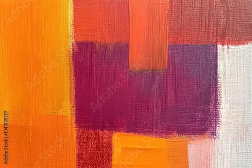Vibrant abstract painting showcasing bold colors of orange, purple, and white, creating a dynamic visual tapestry.