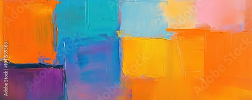 Vibrant abstract painting with bold color blocks in orange, blue, purple, and pink creating a dynamic and cheerful atmosphere.