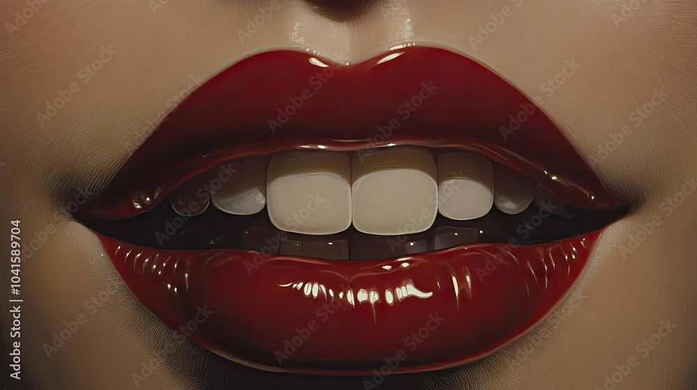 Obraz premium Glossy red lips with a perfect smile, revealing white teeth in a close-up that captures elegance and charm.
