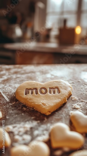 Heart shaped cookie dough with the word mom pressed into it, laying on a flour covered kitchen table. The cookie is surrounded by other heart shaped cookies