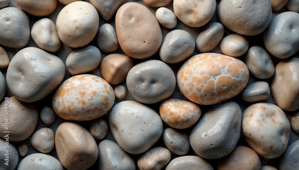 Smooth river stones with unique patterns and colors creating an artistic natural backdrop Smooth river stones with unique patterns and colors creating an artistic natural backdrop