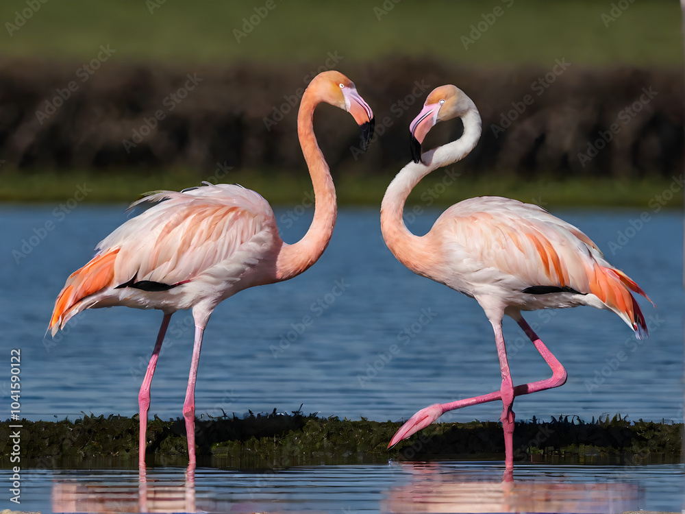 Two Greater Flamingos Facing Each Other by Water Two Greater Flamingos Facing Each Other by Water