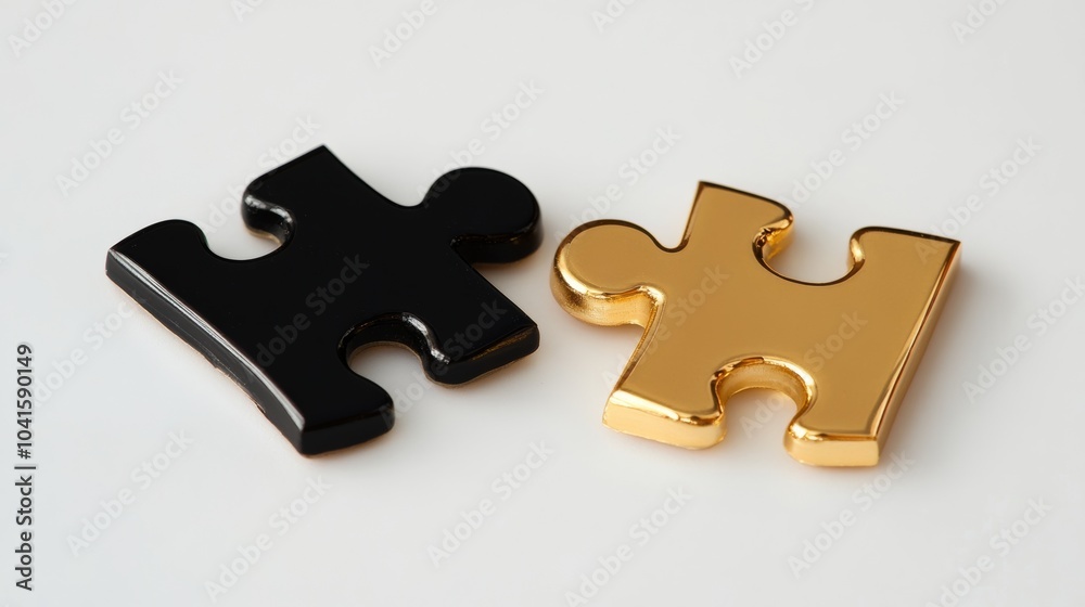 Fototapeta premium Two puzzle pieces, one black and one gold, lying on a white surface, representing the concept of finding a business solution