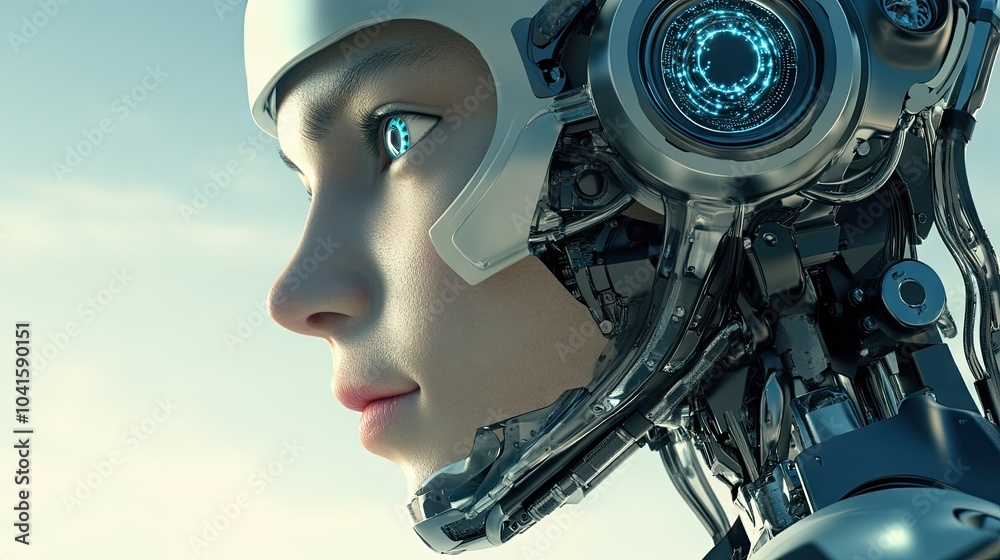 Half man, half cyborg portrait with robotic details on one side of the face, set against a neutral background for a sci-fi feel.