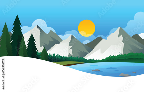 A mountain range with a sun in the sky landing page tempelate background photo