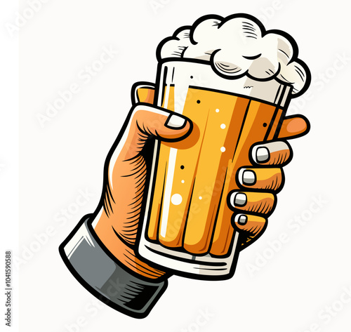 Vector illustration of a hand holding a frothy vintage beer mug with golden-yellow liquid, featuring a festival concept. Includes an Oktoberfest party invitation outline and a beer bottle icon.
