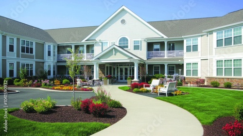 Inviting courtyard at a senior living community, with well-maintained gardens, walking paths, and plenty of outdoor seating for relaxation.