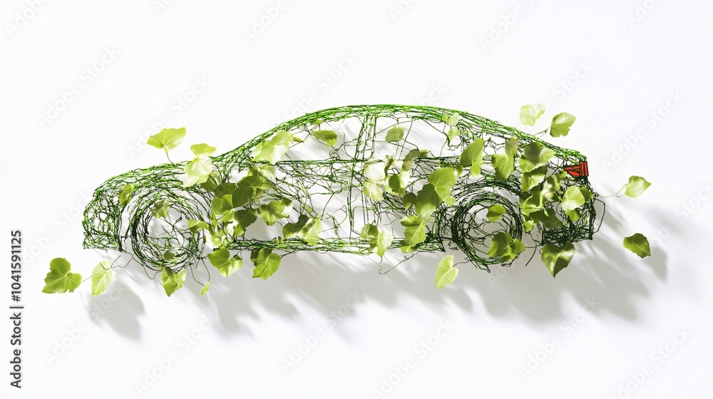 Green eco car with leaves on a white background. 3d rendering. Green eco car with leaves on a white background. 3d rendering.