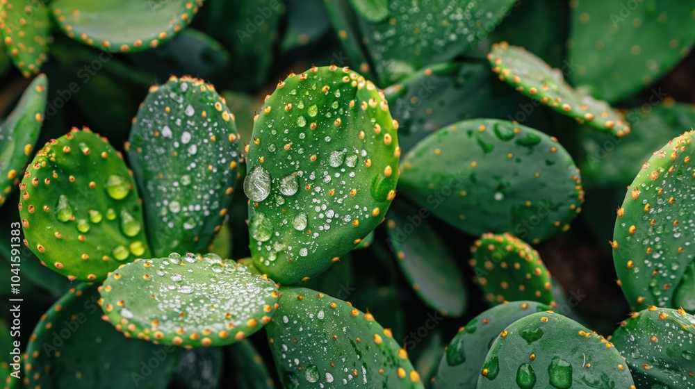 Bright Cactus Leaves with Water Droplets