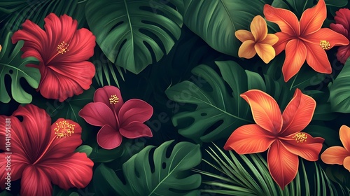 Vibrant Tropical Floral Pattern with Lush Foliage and Botanical Blooms