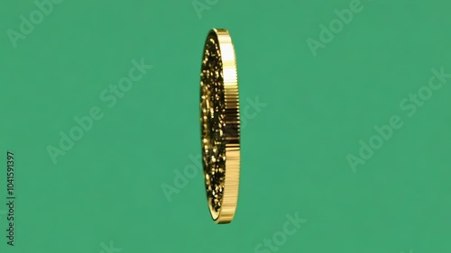 Gold coin spinning on a green screen background, generative ai