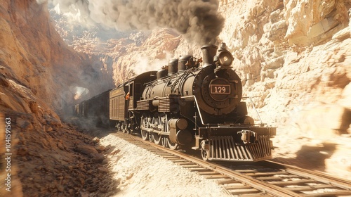 Majestic Wild West Train Journey Through Picturesque Canyon with Billowing Smoke - Ultra-Detailed, Cinematic Light