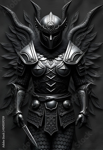 Statue of dark knight in full armor and helmet with short sword in hand and wings behind