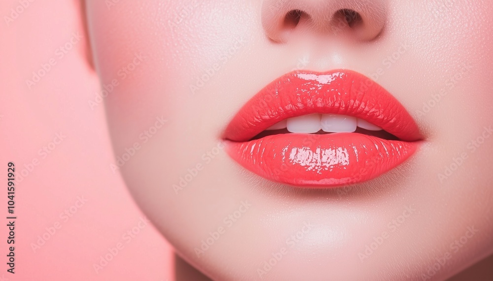 Obraz premium Close-up of vibrant coral lips on a soft pink background, showcasing glossy finish and perfect makeup details.
