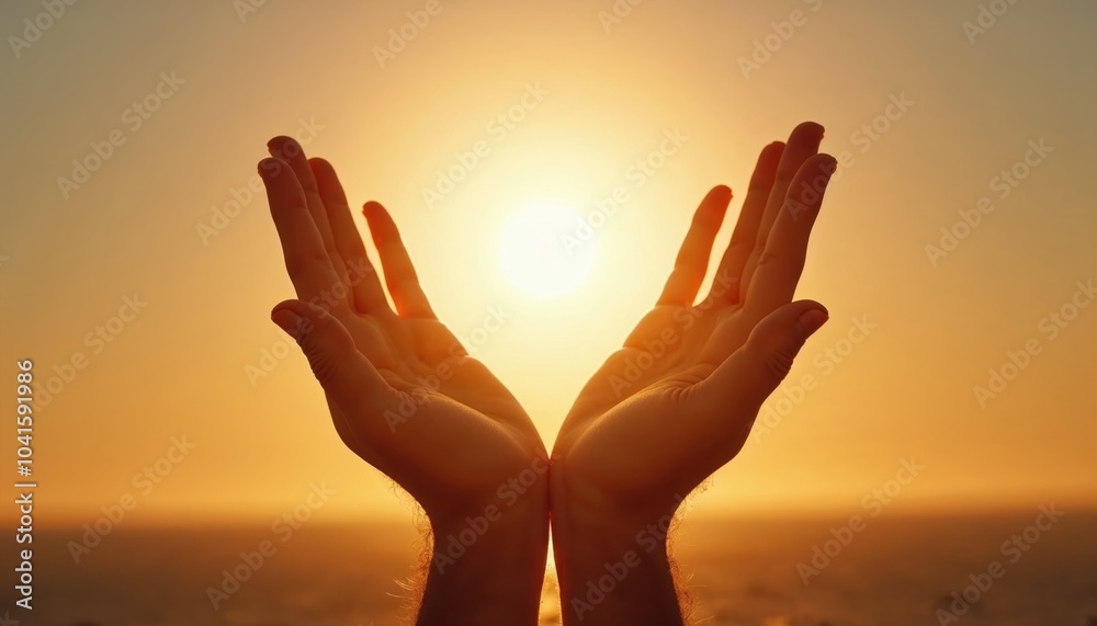 Fototapeta premium A person is joyfully holding the sun in their hands during sunset