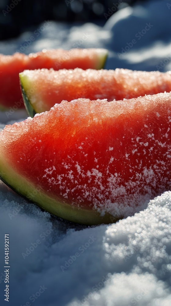 Slices of watermelon are placed on the snow in the sun, creating a fresh contrast between the cold snow and the juicy fruit