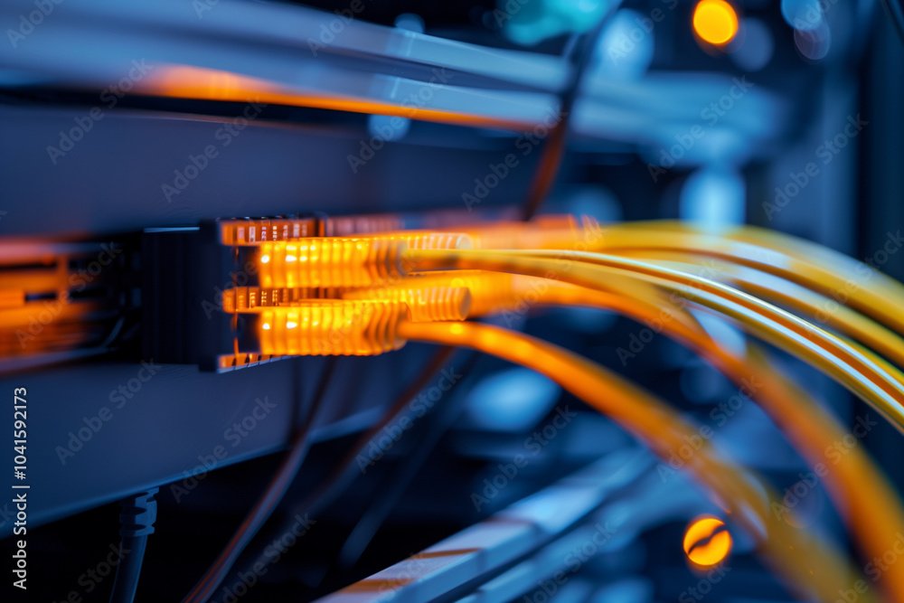 Naklejka premium network cables connected to a server rack, with glowing orange lights indicating data activity. The image showcases a modern data center environment with a focus on technology and connectivity.
