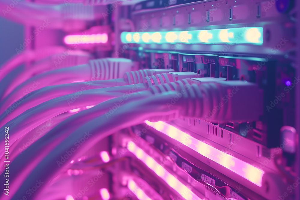 Close-up view of network cables connected to a server with colorful LED lights. The image features a vibrant mix of purple and blue lighting, highlighting the intricate connections and technology. Close-up view of network cables connected to a server with colorful LED lights. The image features a vibrant mix of purple and blue lighting, highlighting the intricate connections and technology.