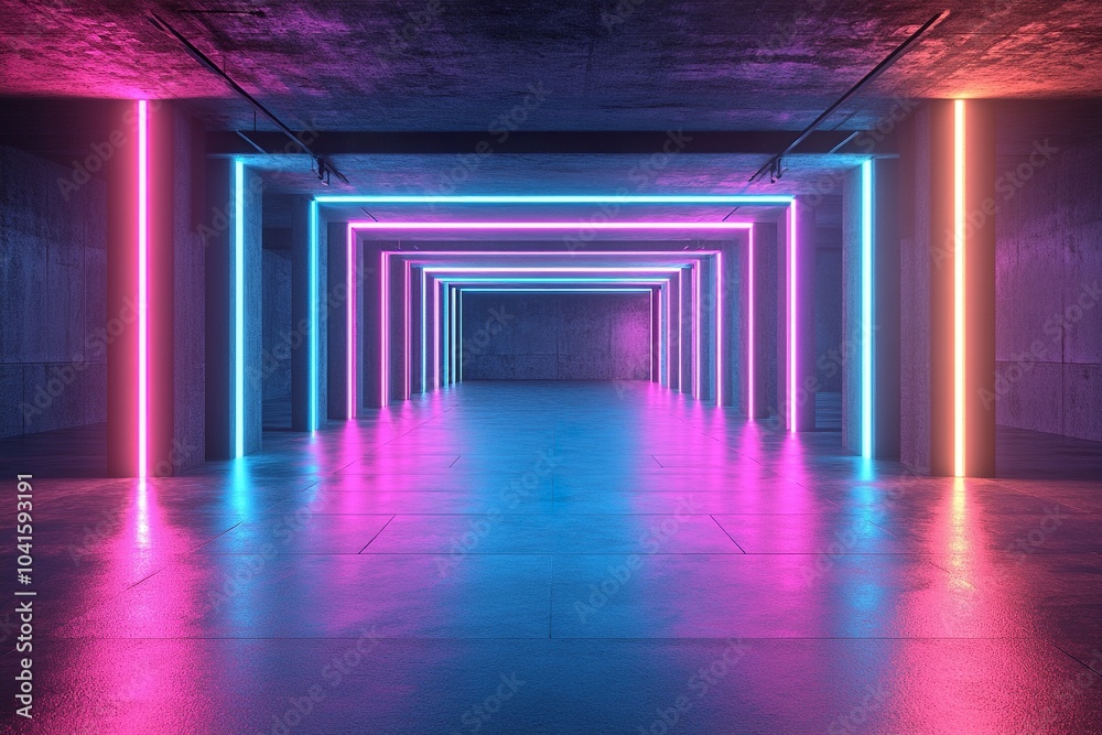 abstract background of a dark tunnel with neon 3D lights abstract background of a dark tunnel with neon 3D lights